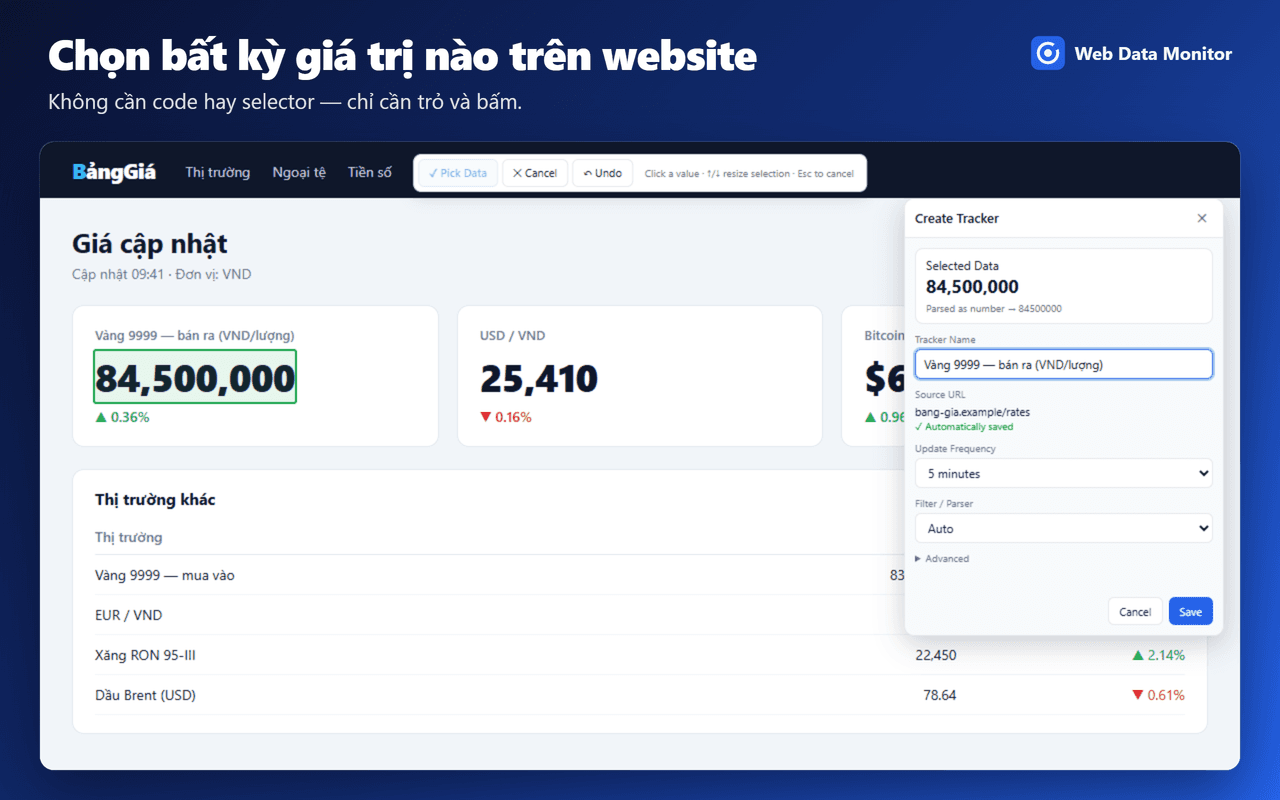 Chọn một giá trị trên trang web để tạo tracker